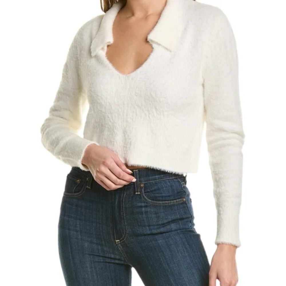 525 America Cream Fuzzy V-Neck Cropped Sweater